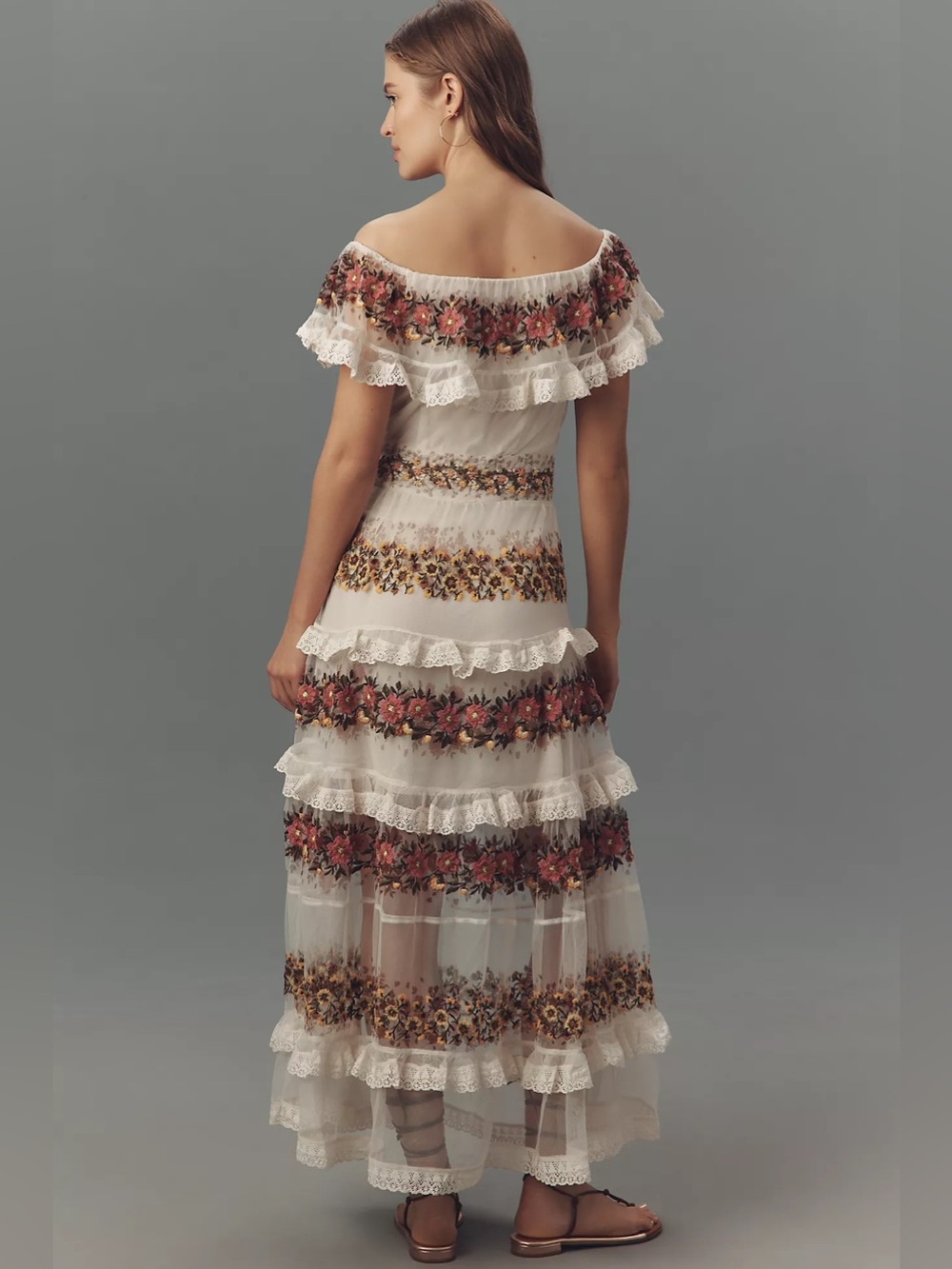 Anthropologie Ruffle-Sleeve V-Neck Embroidered Tulle Tiered Maxi Dress - Picture 3 of 7